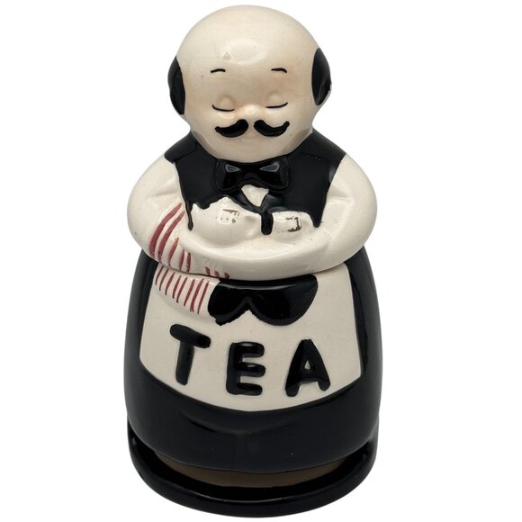 Vintage Ceramic Waiter Tea Canister Dispenser With Lid - 6.5" Black & White - Picture 1 of 11